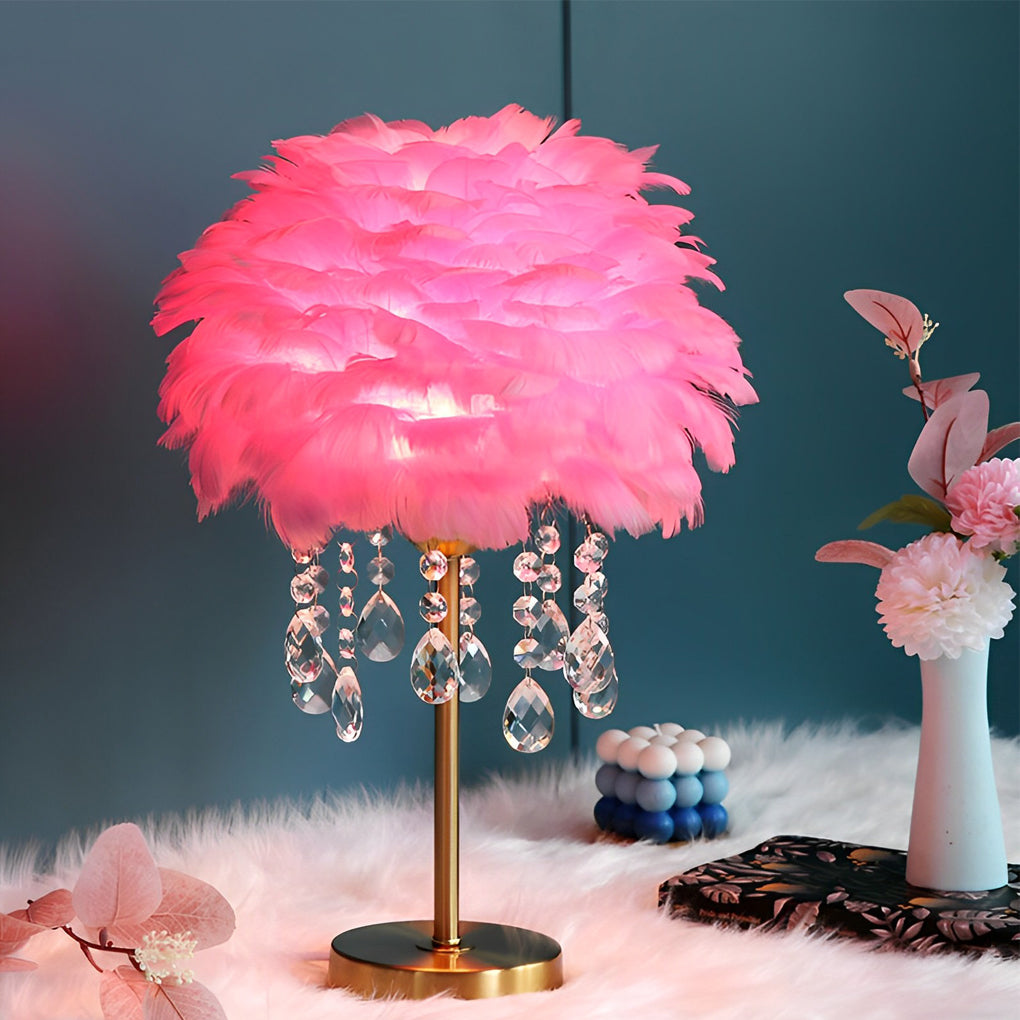 Modern White Feather LED Crystal Table Lamp for Bedroom Living Room