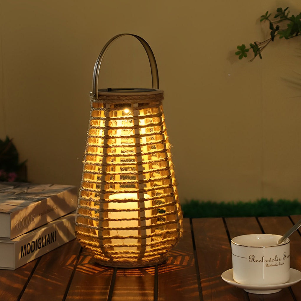 Rustic Rattan Solar LED Hanging Lantern with Waterproof Hemp Rope for Outdoor Use
