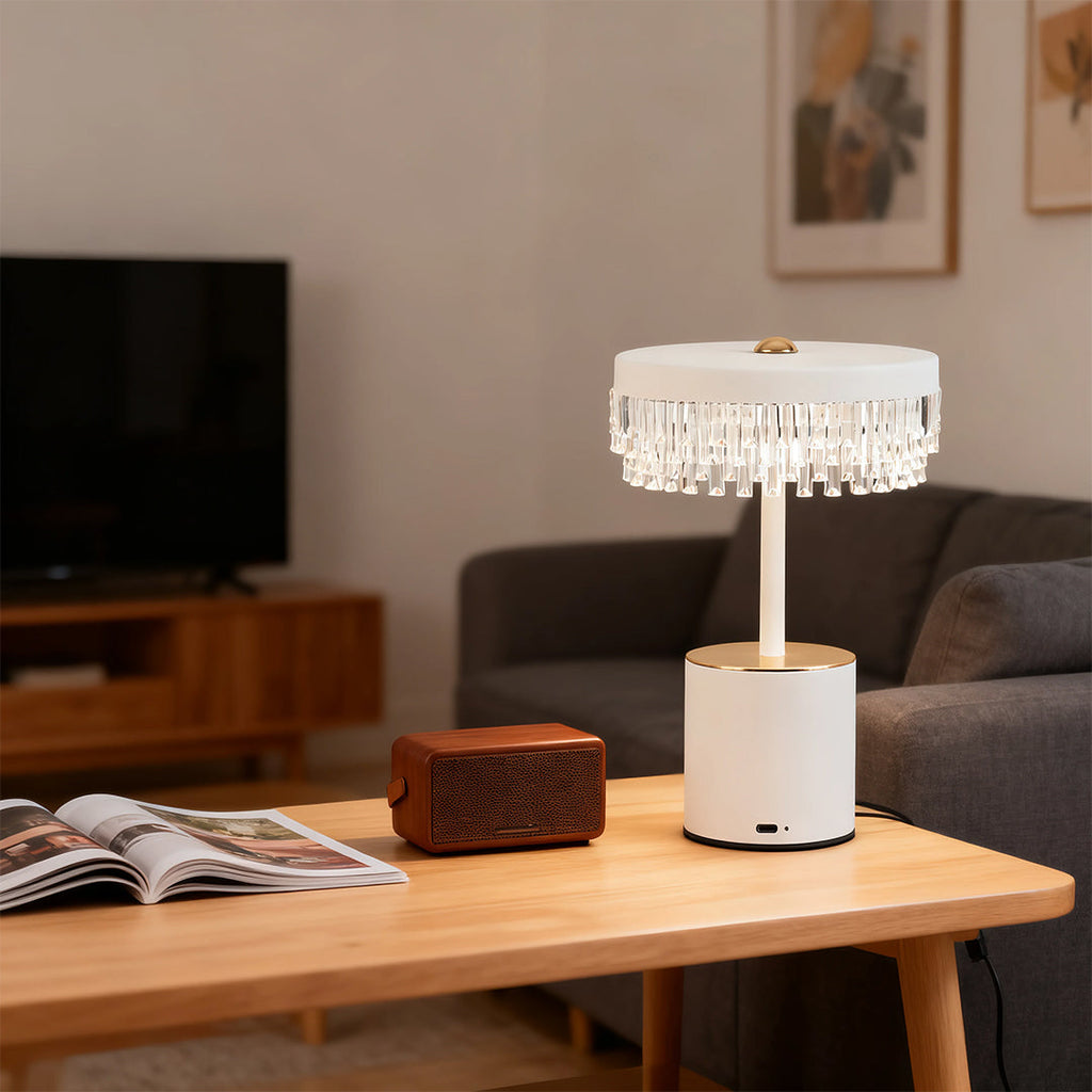 Minimalist USB Charging Fringe Table Lamp in White Metal for Bedroom