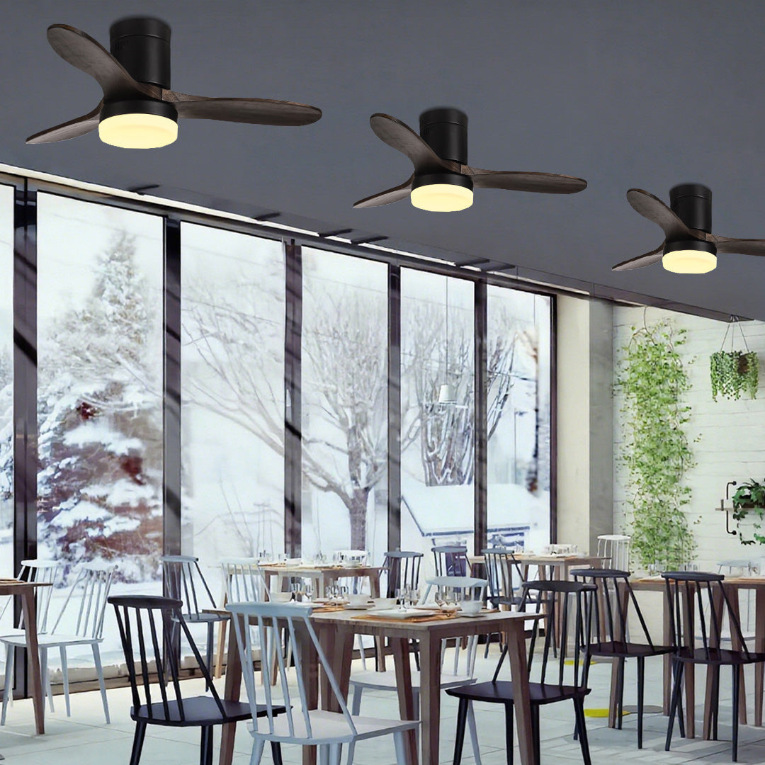 Rustic Wood Three-Blade LED Ceiling Fan with Remote Control for Living Room
