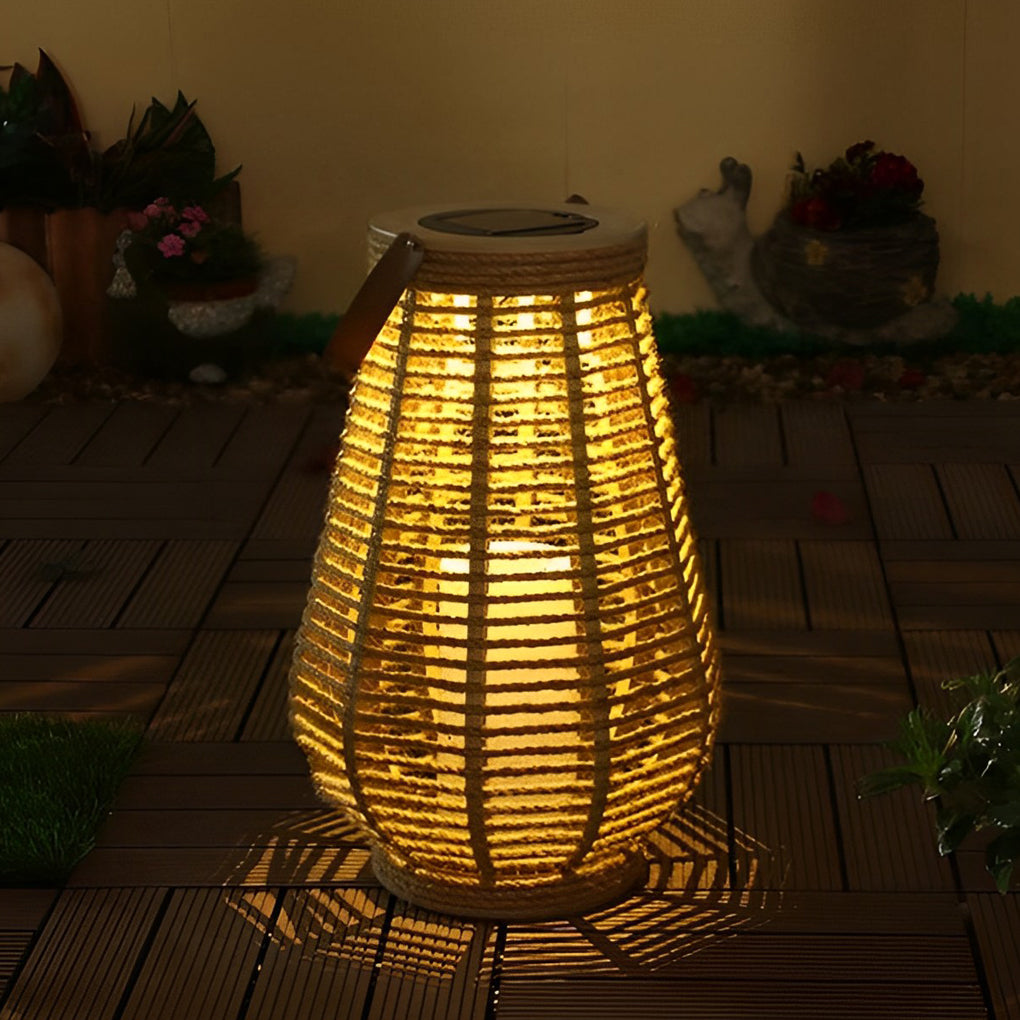 Rustic Rattan Solar LED Hanging Lantern with Waterproof Hemp Rope for Outdoor Use