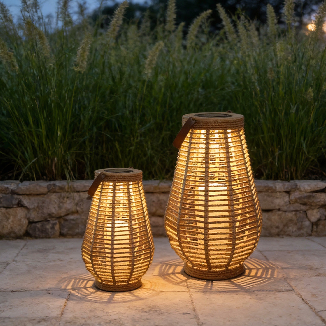 Rustic Rattan Solar LED Hanging Lantern with Waterproof Hemp Rope for Outdoor Use