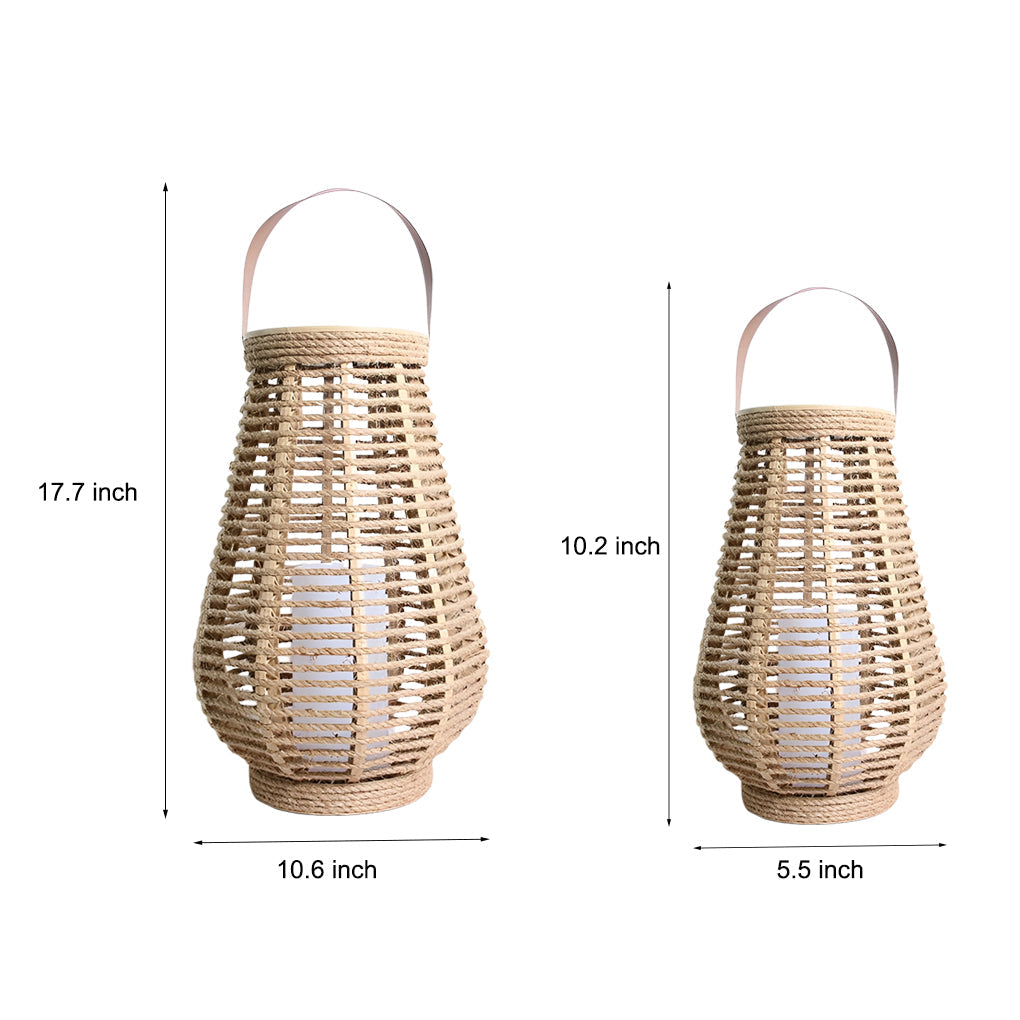 Rustic Rattan Solar LED Hanging Lantern with Waterproof Hemp Rope for Outdoor Use
