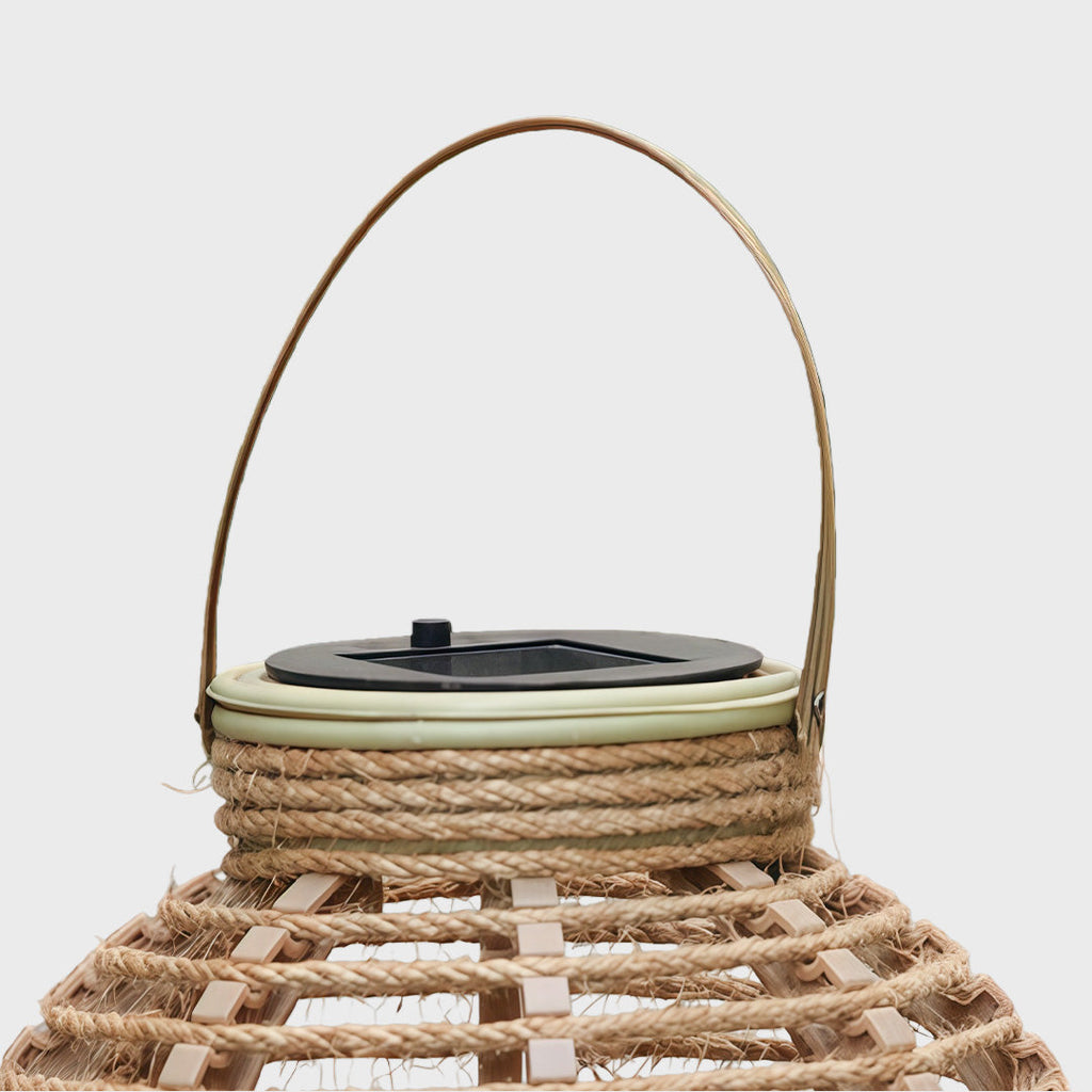 Rustic Rattan Solar LED Hanging Lantern with Waterproof Hemp Rope for Outdoor Use