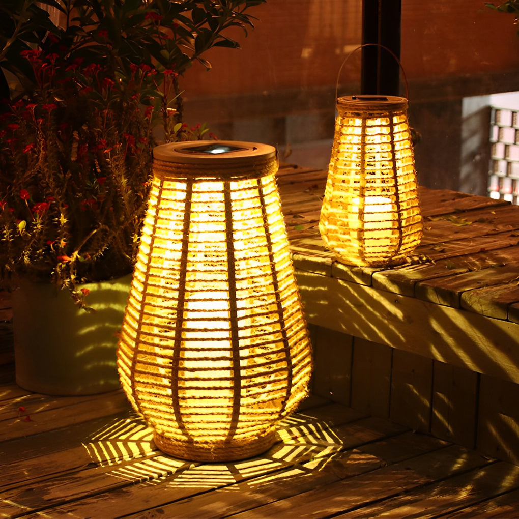 Rustic Rattan Solar LED Hanging Lantern with Waterproof Hemp Rope for Outdoor Use
