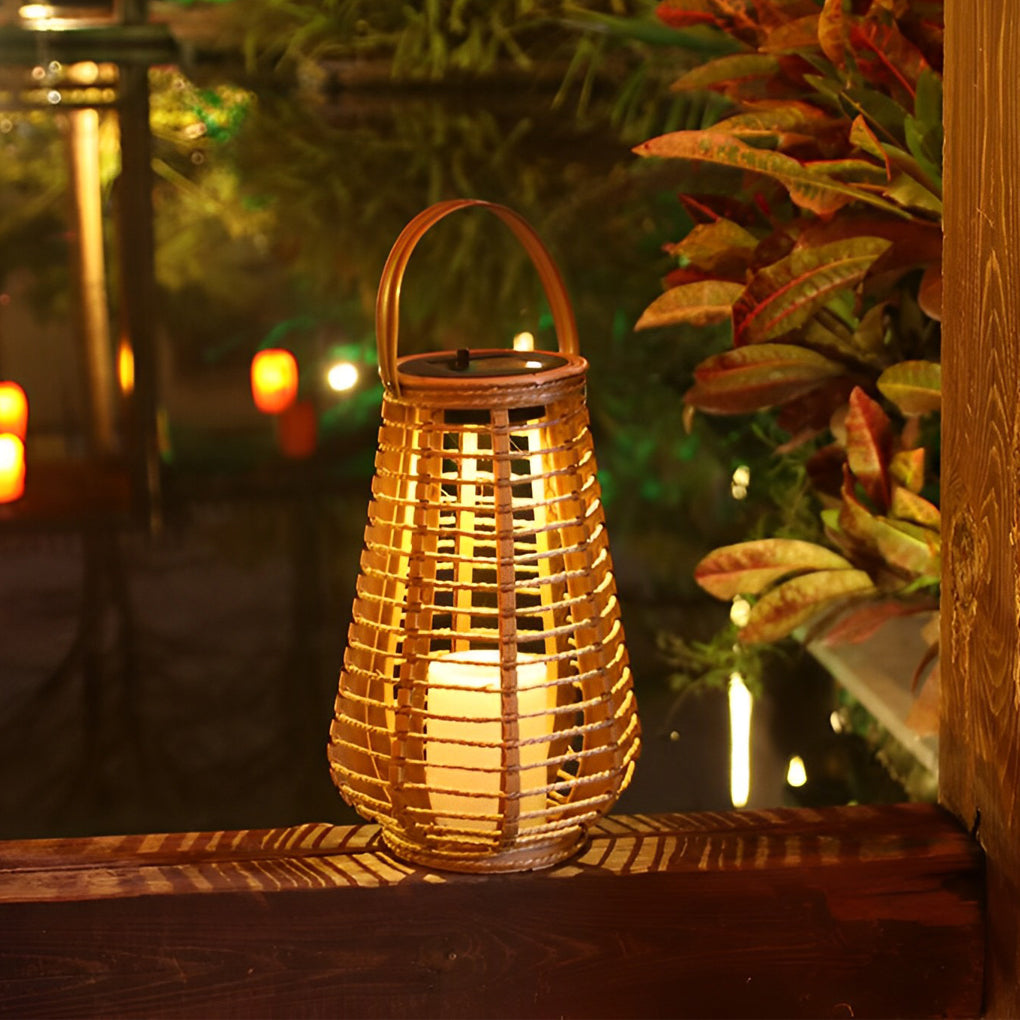 Rustic Rattan Solar LED Hanging Lantern with Waterproof Hemp Rope for Outdoor Use