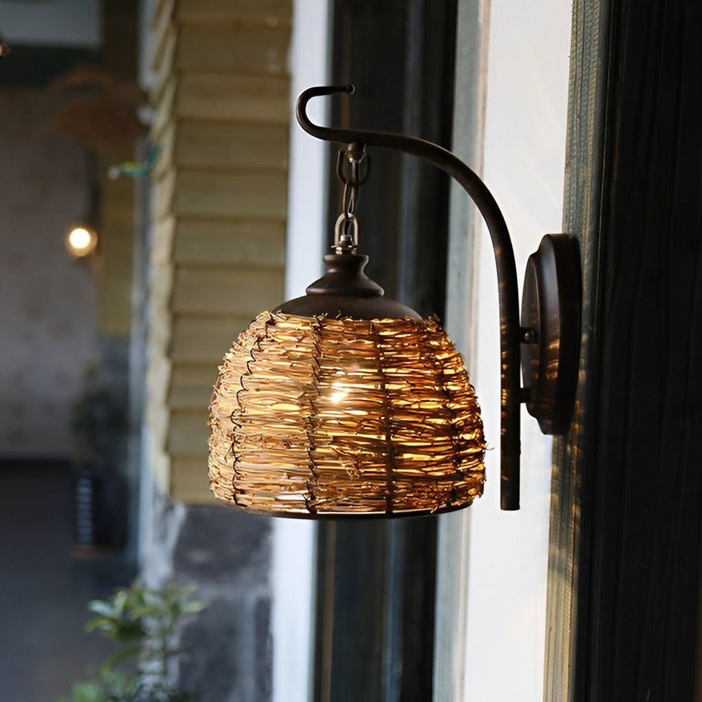 Rustic Rattan and Iron Wall Lamp - Vintage Farmhouse Decor for Living Room
