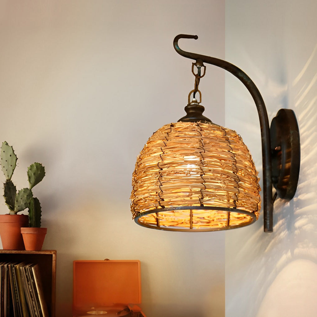 Rustic Rattan and Iron Wall Lamp - Vintage Farmhouse Decor for Living Room