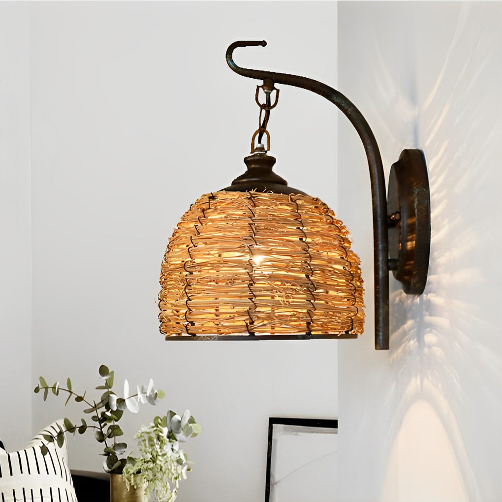Rustic Rattan and Iron Wall Lamp - Vintage Farmhouse Decor for Living Room