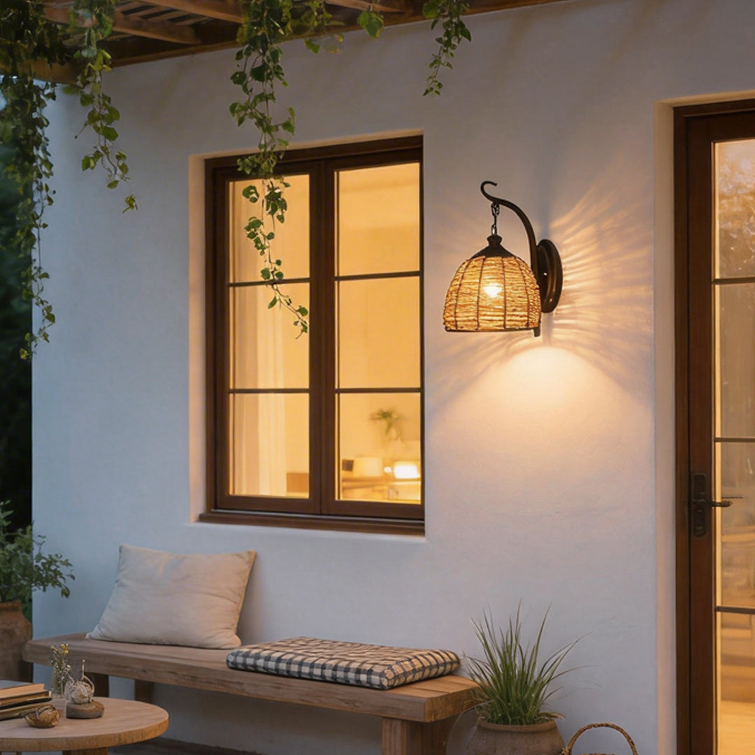 Rustic Rattan and Iron Wall Lamp - Vintage Farmhouse Decor for Living Room
