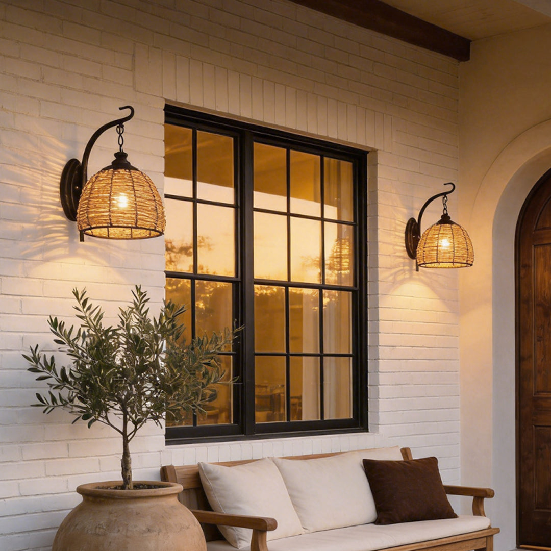 Rustic Rattan and Iron Wall Lamp - Vintage Farmhouse Decor for Living Room