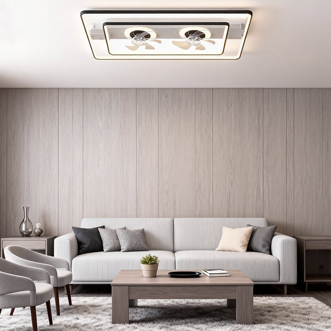 Modern Rectangular Dual Head LED Ceiling Fan with Transparent Blades for Living Room