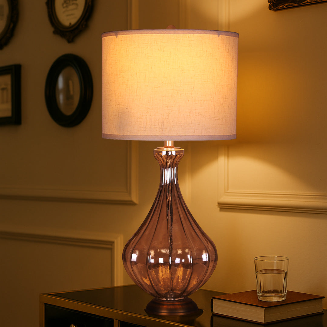 Sculptural Glass Base Table Lamp with Classic Linen Shade for Living Room