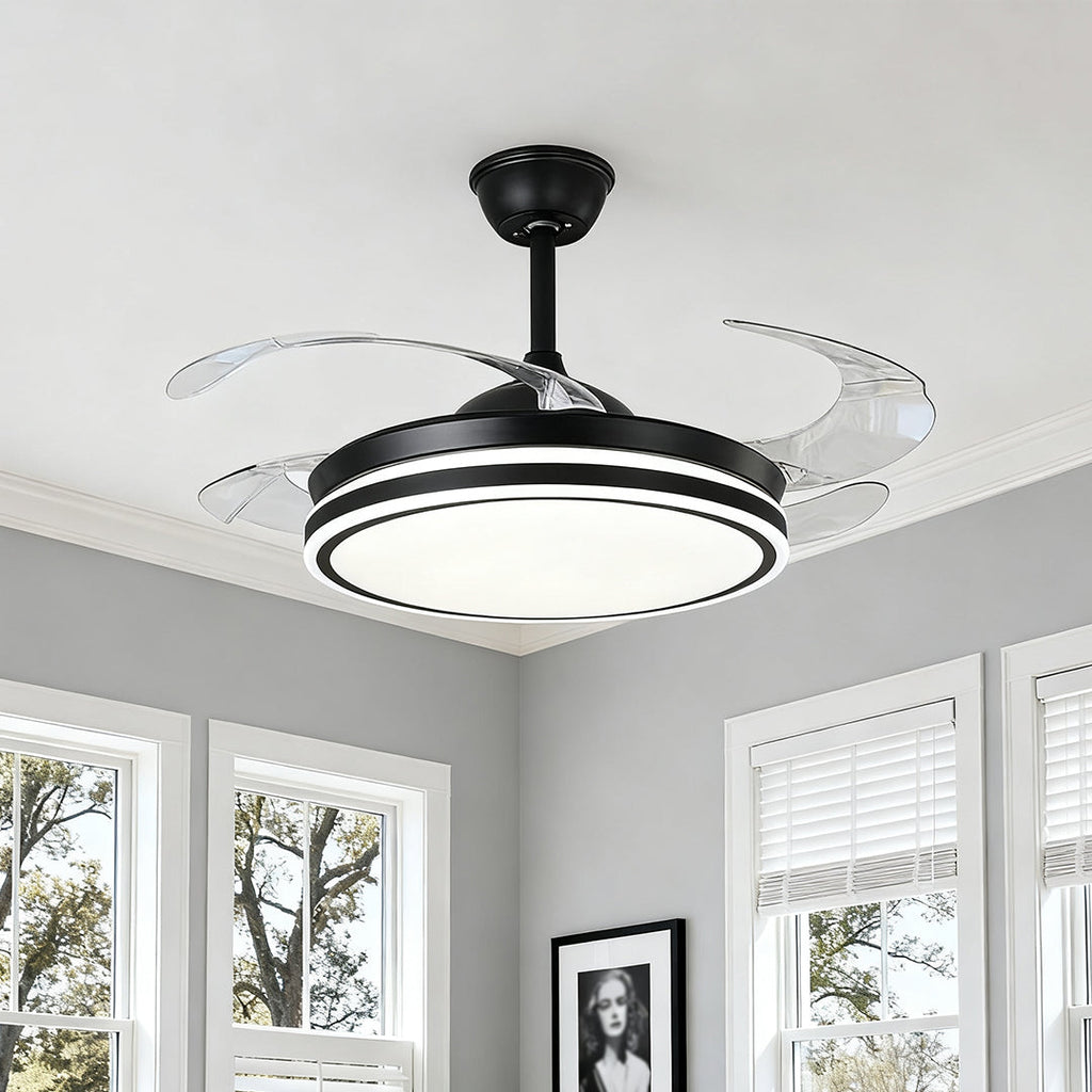 Modern Black All-Copper Ceiling Fan with Remote and Lights for Living Room