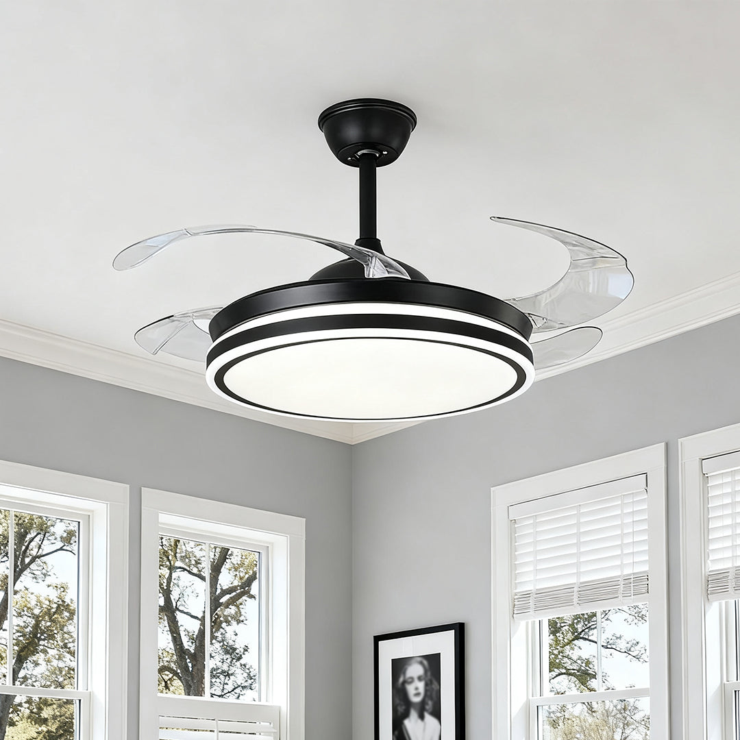 Modern Black All-Copper Ceiling Fan with Remote and Lights for Living Room