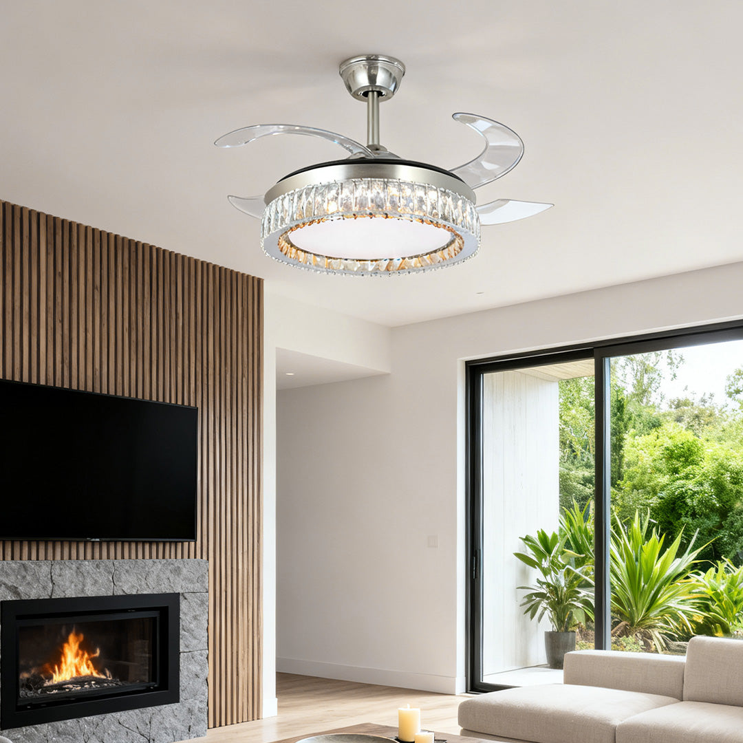 Luxury Nickel Crystal Ceiling Fan with Light Remote for Living Room