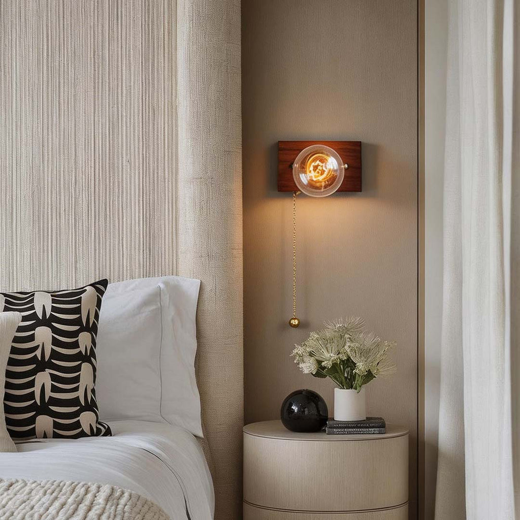 Mid-Century Modern Walnut Brass Wall Sconce for Retro Bedroom Lighting