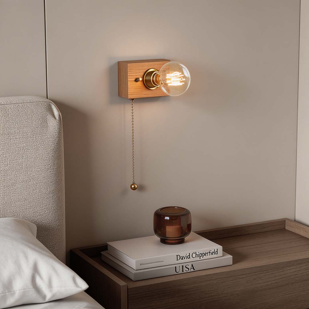 Mid-Century Modern Walnut Brass Wall Sconce for Retro Bedroom Lighting
