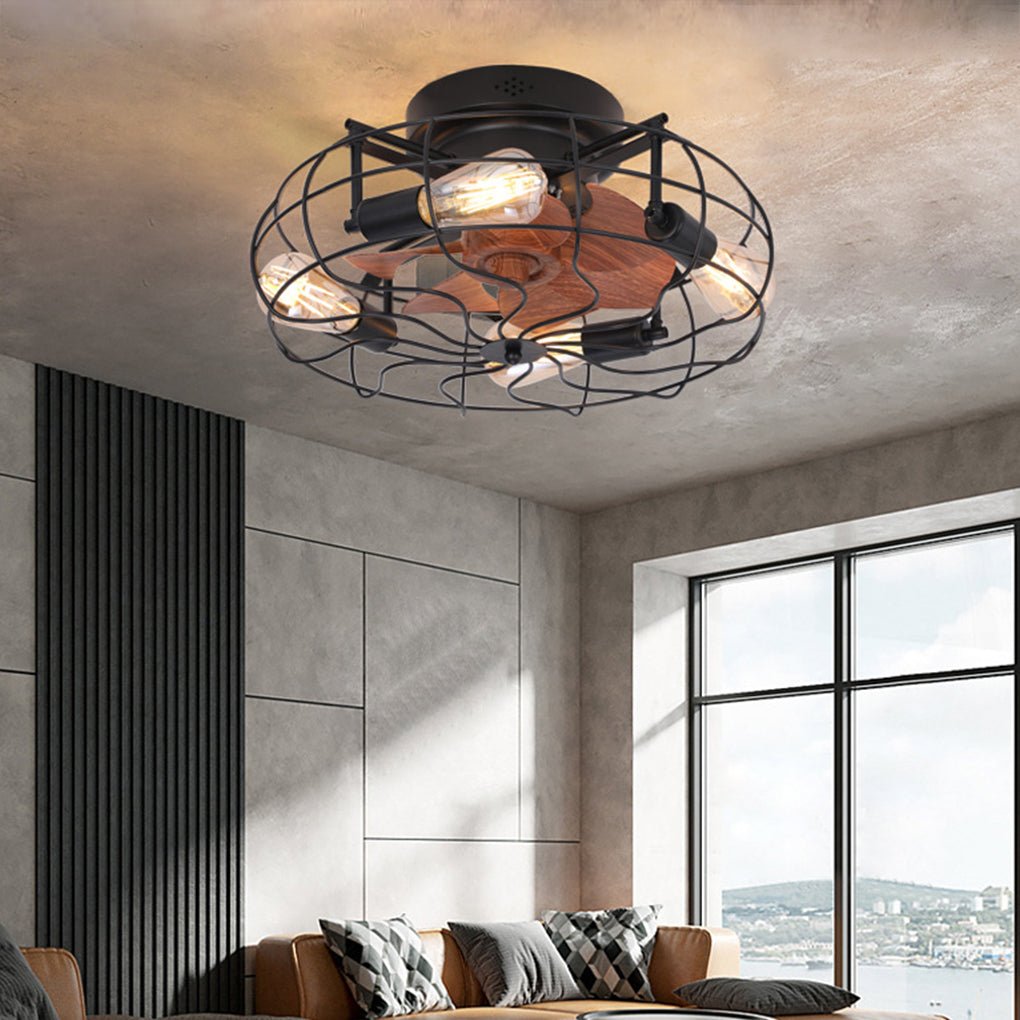 Rustic Iron Cage Ceiling Fan Lamp with Remote, 3-Speed for Living Room