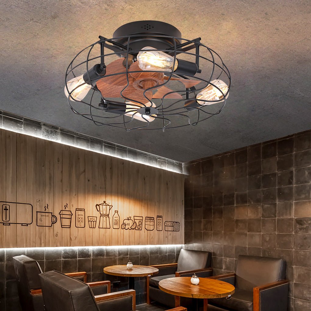 Rustic Iron Cage Ceiling Fan Lamp with Remote, 3-Speed for Living Room