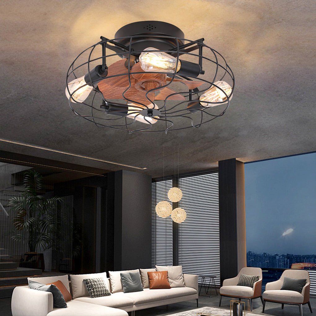 Rustic Iron Cage Ceiling Fan Lamp with Remote, 3-Speed for Living Room