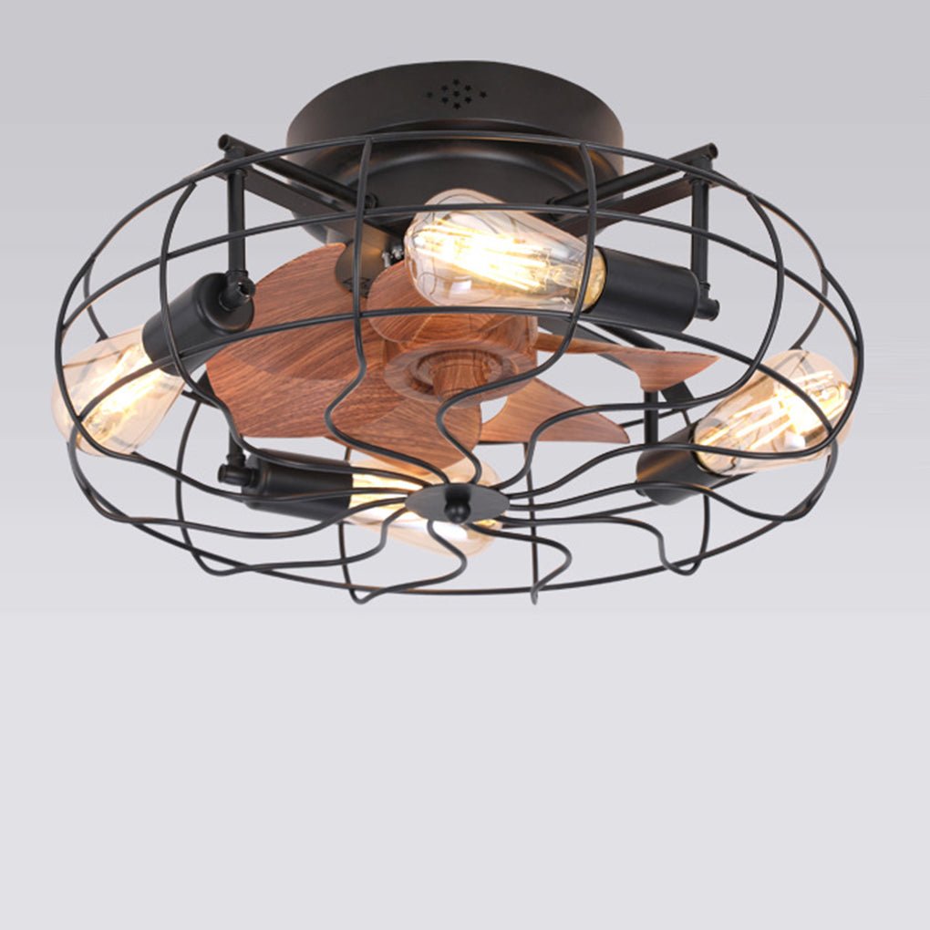 Rustic Iron Cage Ceiling Fan Lamp with Remote, 3-Speed for Living Room