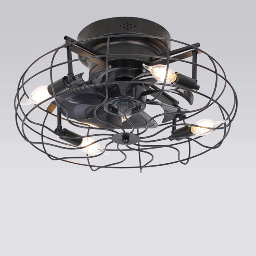 Rustic Iron Cage Ceiling Fan Lamp with Remote, 3-Speed for Living Room