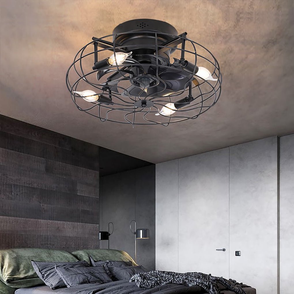 Rustic Iron Cage Ceiling Fan Lamp with Remote, 3-Speed for Living Room