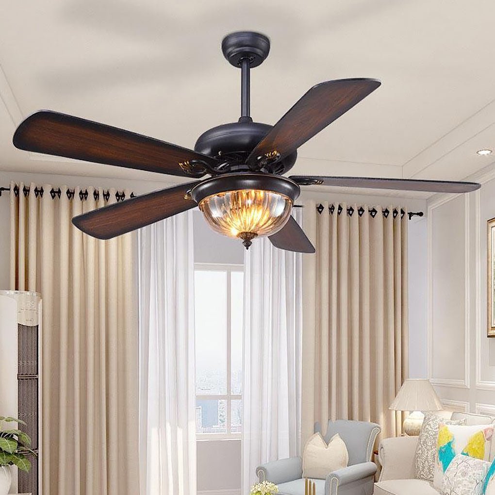 Rustic Metal Brown Blade Ceiling Fan Light Fixture for Country-Style Homes