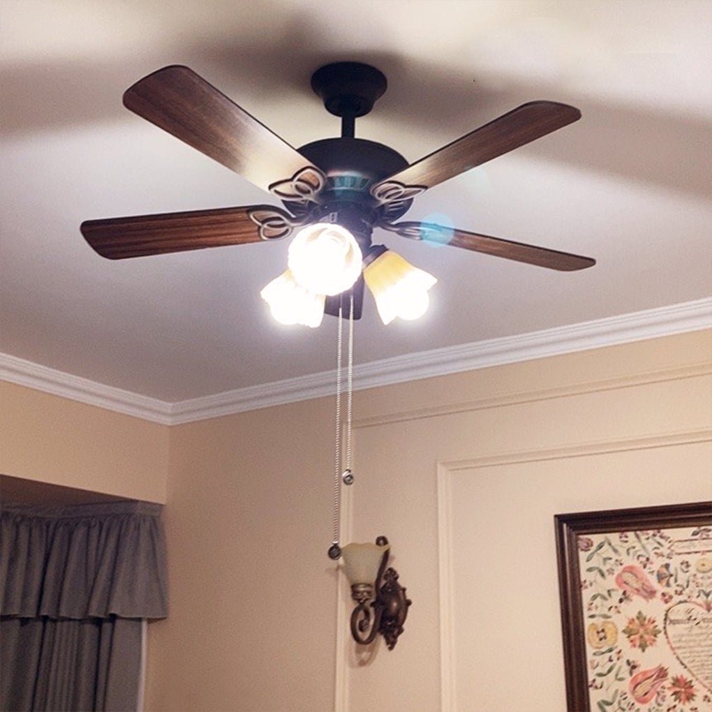 Vintage Wood Blade Ceiling Fan with Lamp for Rustic Living Spaces