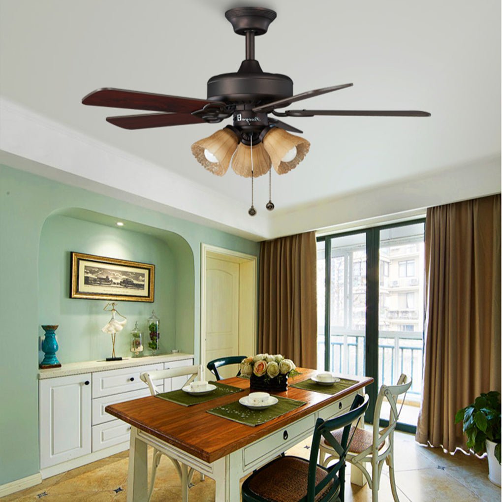 Vintage Wood Blade Ceiling Fan with Lamp for Rustic Living Spaces