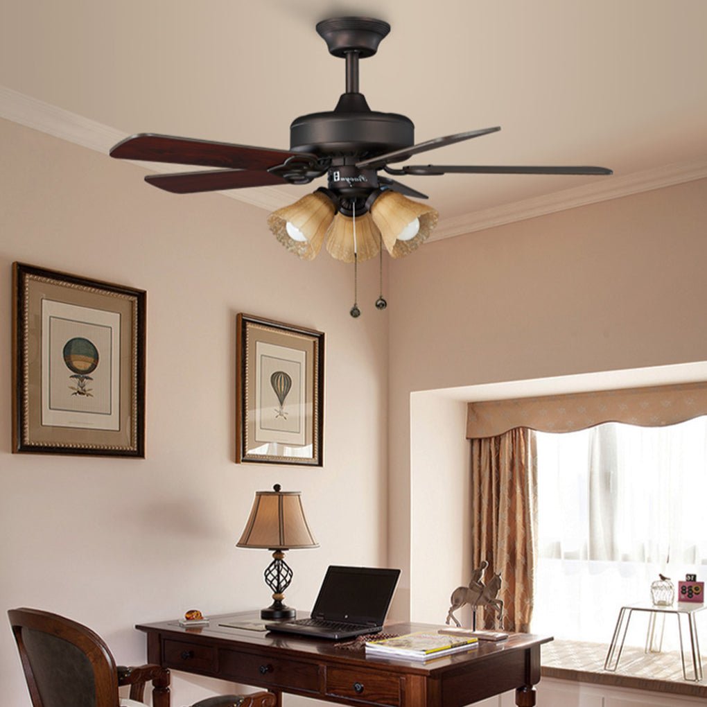 Vintage Wood Blade Ceiling Fan with Lamp for Rustic Living Spaces