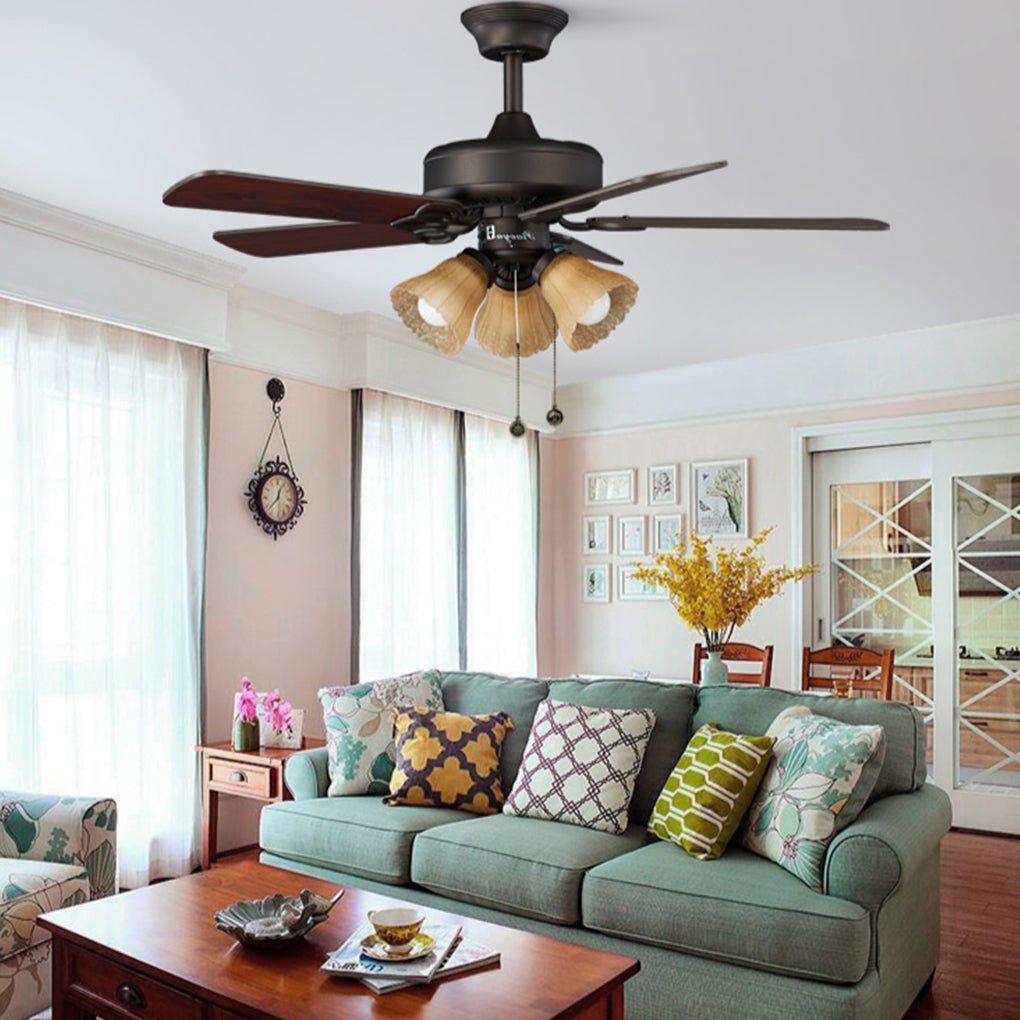 Vintage Wood Blade Ceiling Fan with Lamp for Rustic Living Spaces