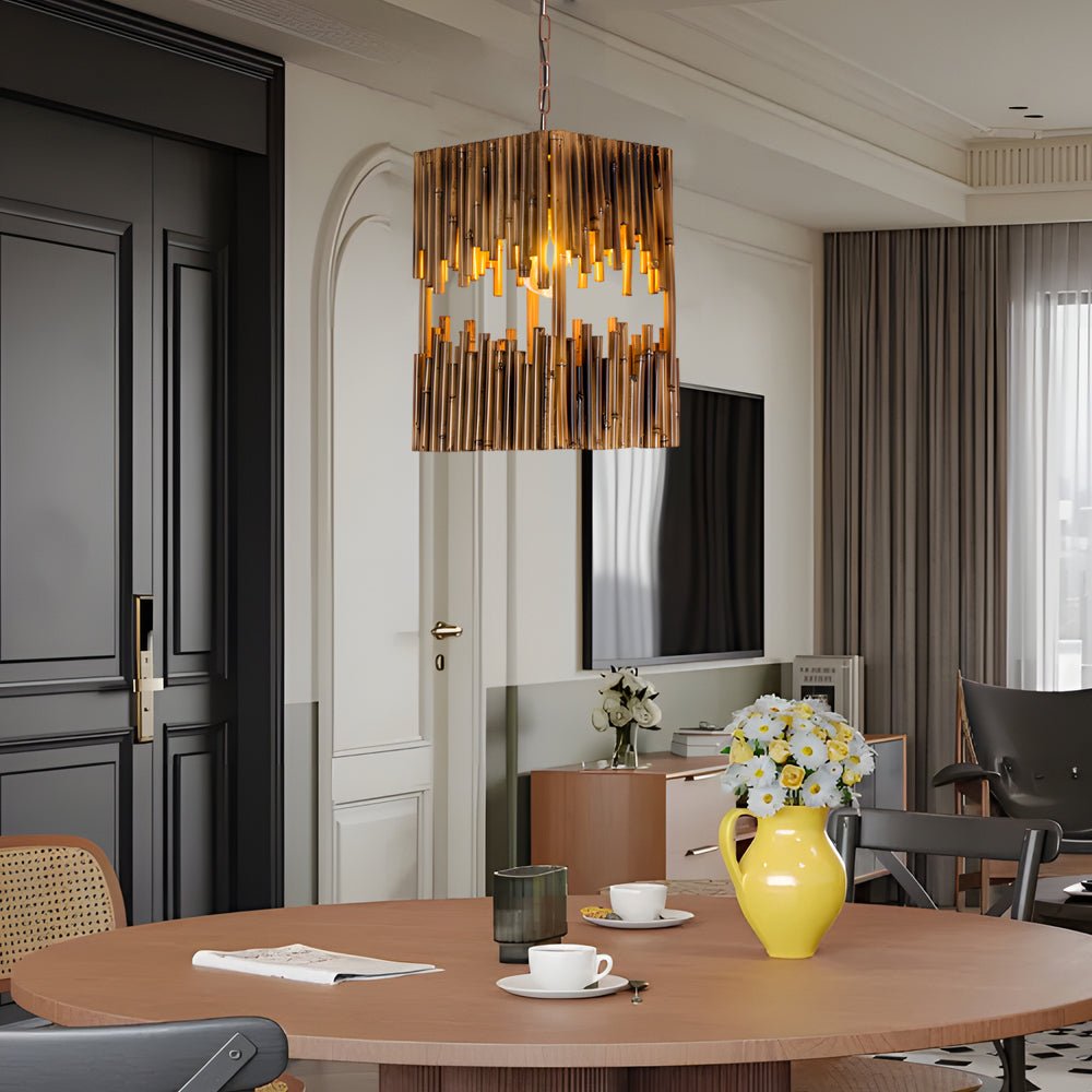 Vintage Bamboo Cuboid Pendant Light Fixture for Dining Room Aesthetic