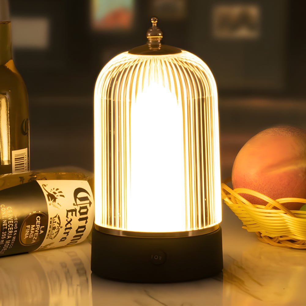Ribbed Glass LED Table Lamp Lantern for Nightstand Bedroom Ambiance