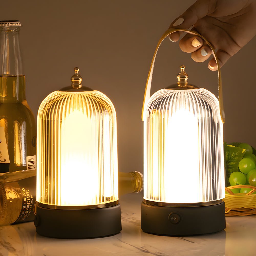 Ribbed Glass LED Table Lamp Lantern for Nightstand Bedroom Ambiance