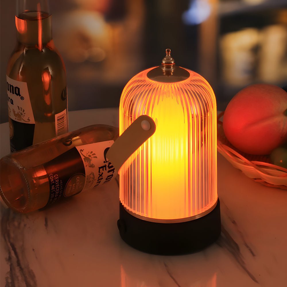 Ribbed Glass LED Table Lamp Lantern for Nightstand Bedroom Ambiance