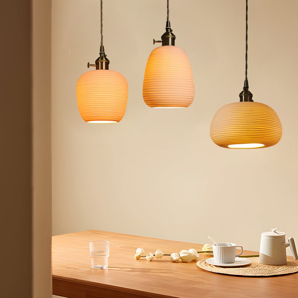 Handmade Round Striped Ceramic Brass Chandelier for Japanese Style Decor