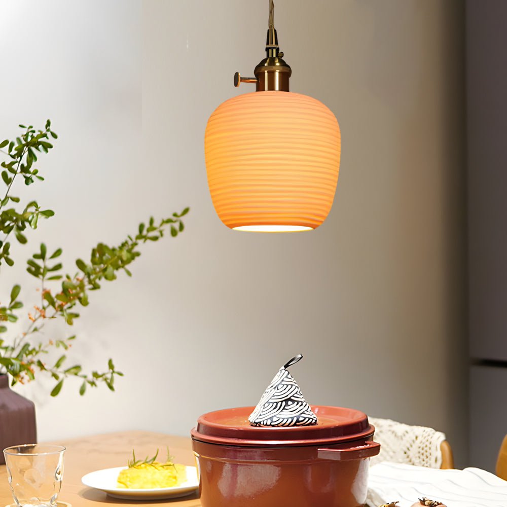 Handmade Round Striped Ceramic & Brass Chandelier for Japanese Style Dining