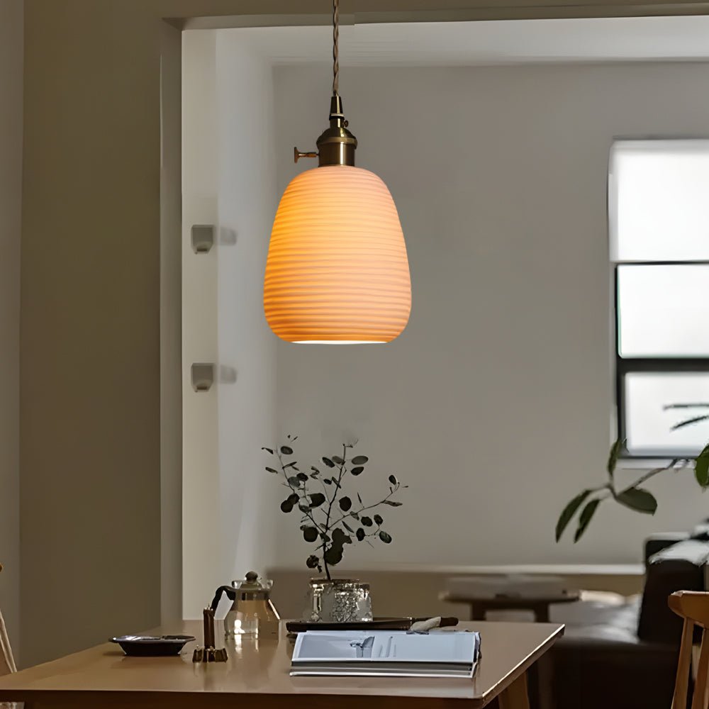 Handmade Round Striped Ceramic & Brass Chandelier for Japanese Style Dining
