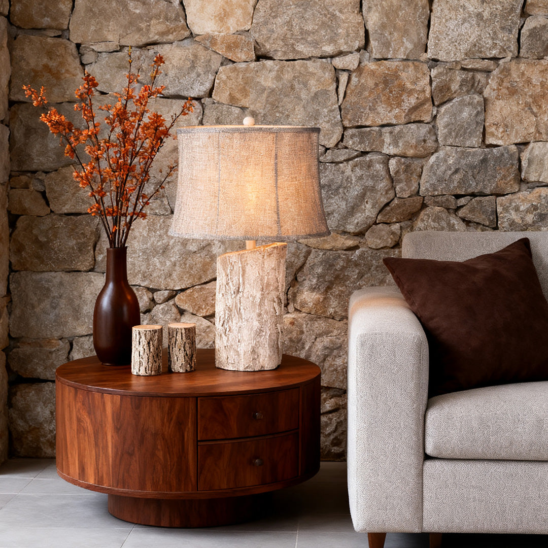 Rustic White Wood Table Lamp with Bark Fabric Shade for Living Room