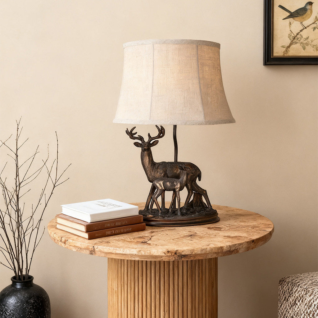 Rustic Deer Table Lamp in Brown Resin for Lodge Living Room Decor