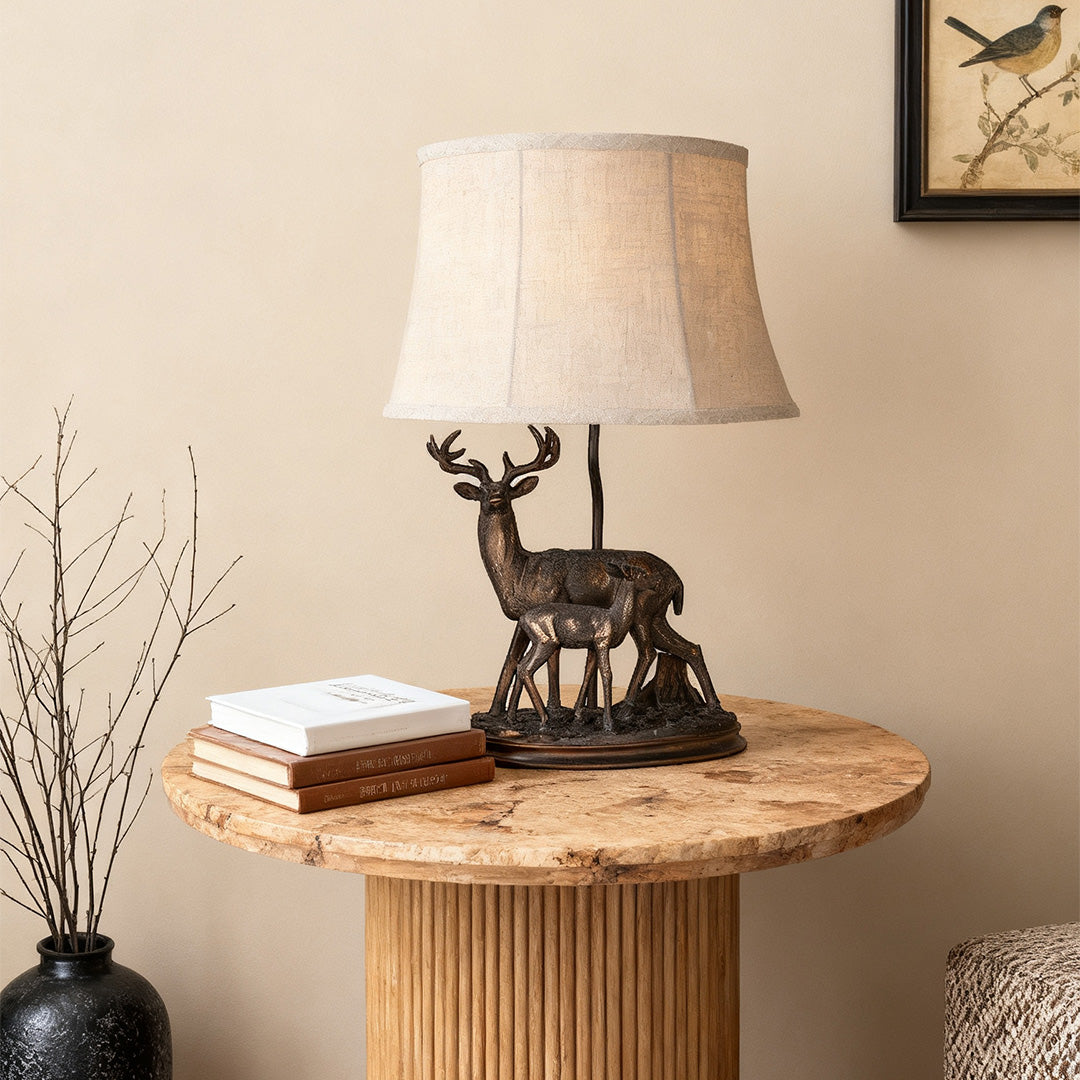 Rustic Deer Table Lamp in Brown Resin for Lodge Living Room Decor