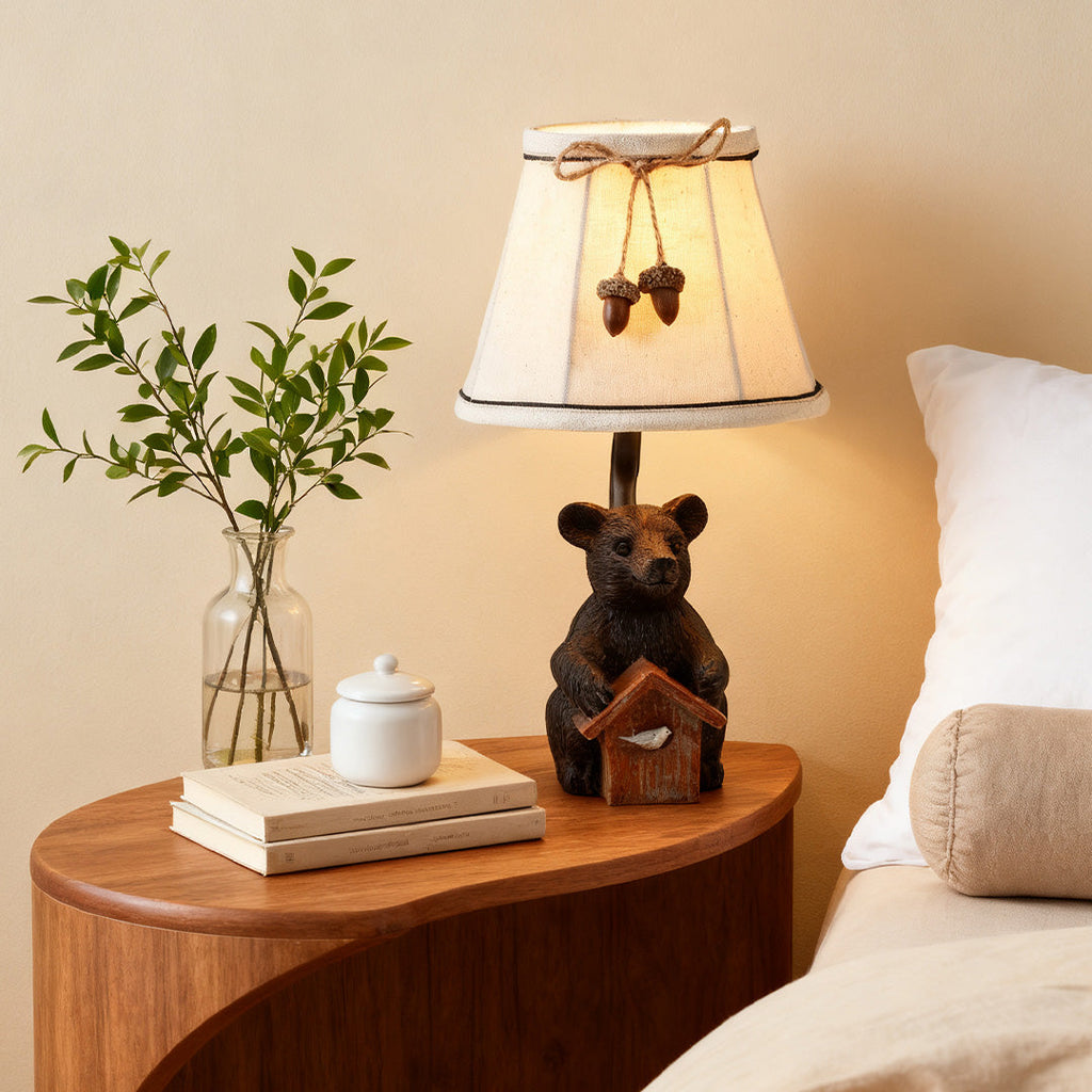 Charming European-Style Bear Table Lamp with Fabric Shade for Bedroom