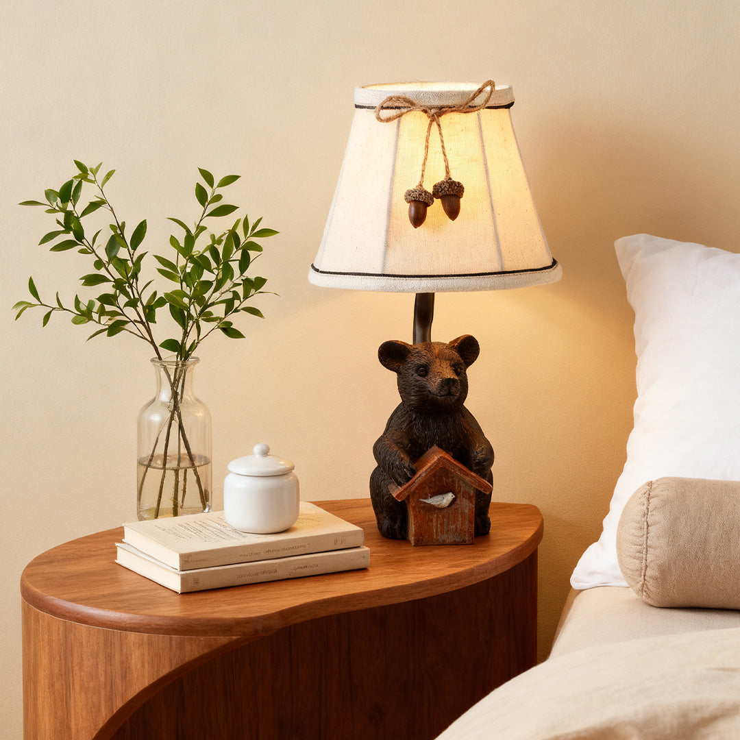 Charming European-Style Bear Table Lamp with Fabric Shade for Bedroom