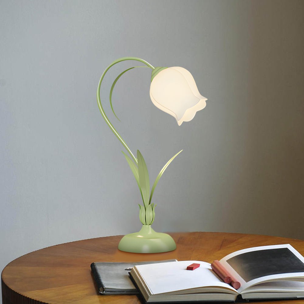 Rustic Green Table Lamp with White Floral Shade for Home Office Decor
