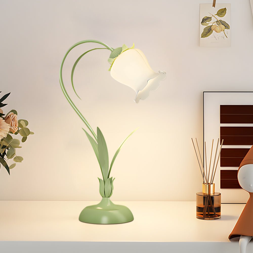 Rustic Green Table Lamp with White Floral Shade for Home Office Decor