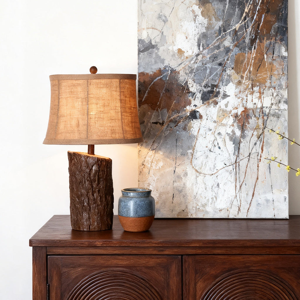 Rustic Faux Wood Nightstand Table Lamp with Bark-Textured Fabric Shade