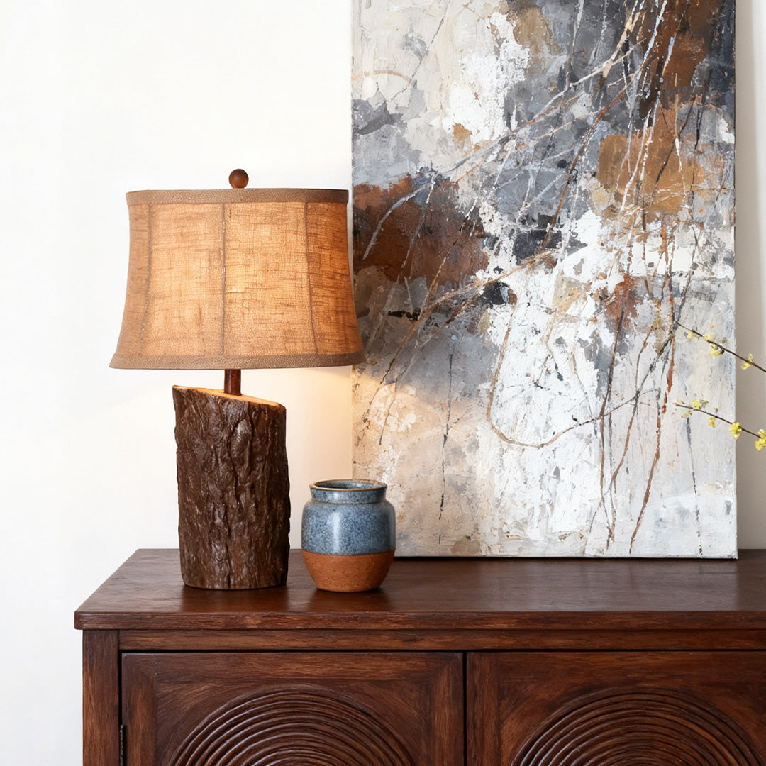 Rustic Faux Wood Nightstand Table Lamp with Bark-Textured Fabric Shade