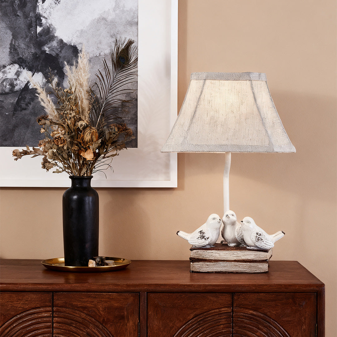 Vintage Fabric Table Lamp with Bird Figurine and Book Base for Living Room
